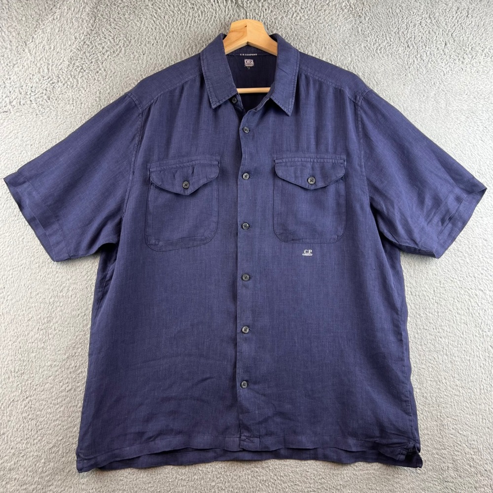 CP Company Mens Navy Blue Linen Short Sleeve Button Down Shirt Size L Utility